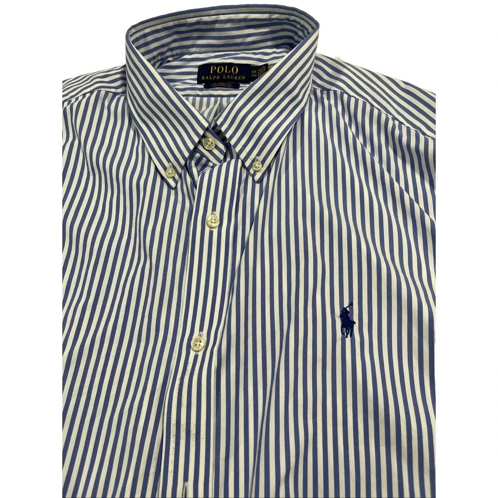 Polo Ralph Lauren Shirt Mens 2XL Blue Stripe Classic Fit Performance Long Sleeve